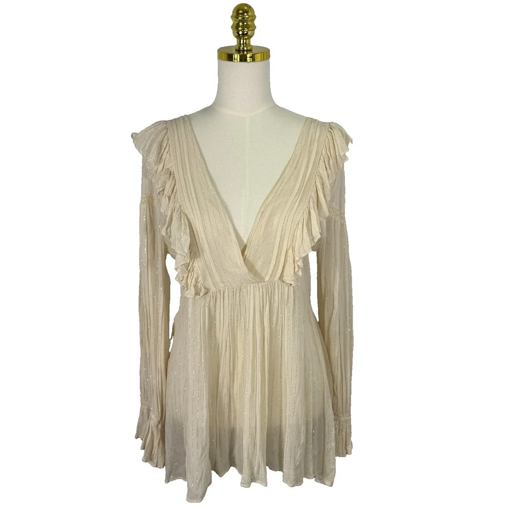 NWOT Maeve Anthropologie Ruffle Wynn Metallic Stripe Boho Peasant Flowy Size 4 - Picture 4 of 14